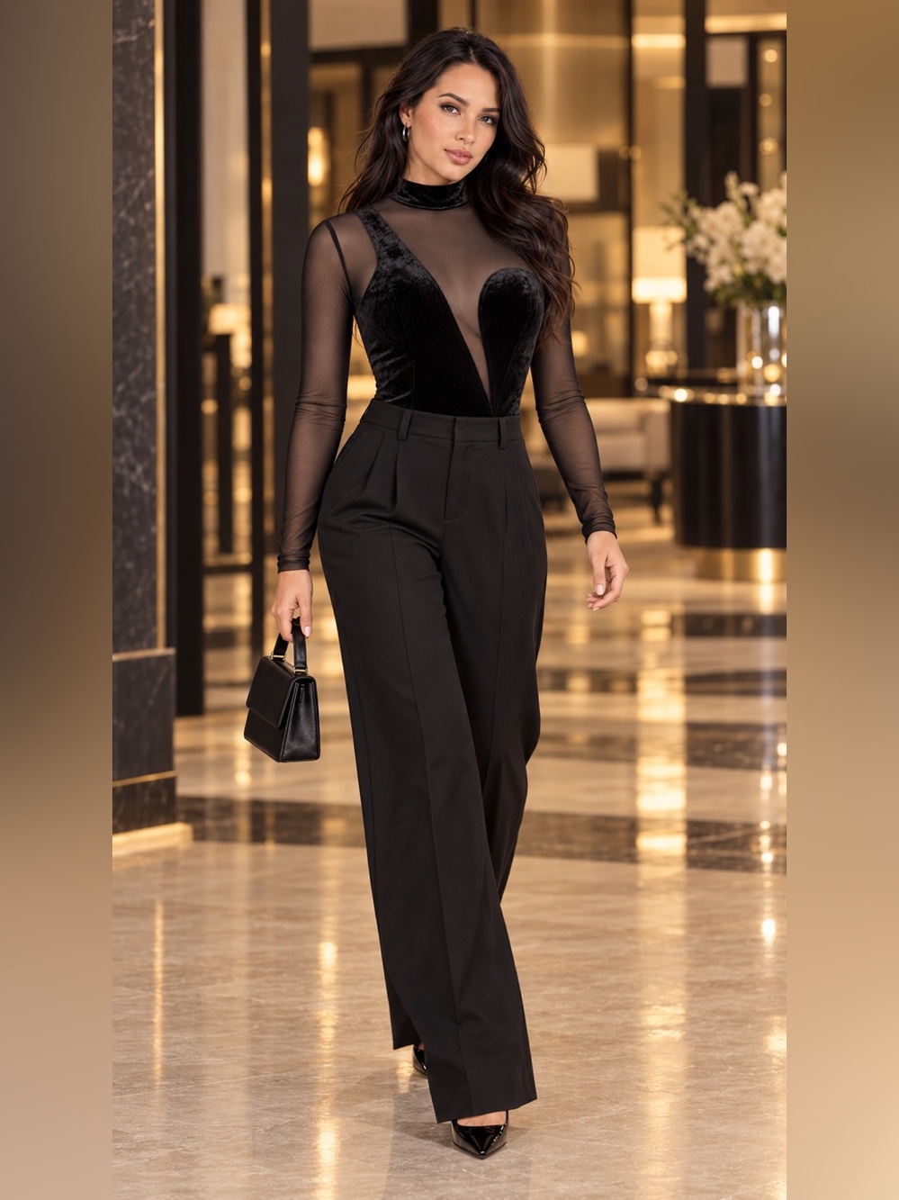 Black Velvet Illusion Long-Sleeve Bodysuit